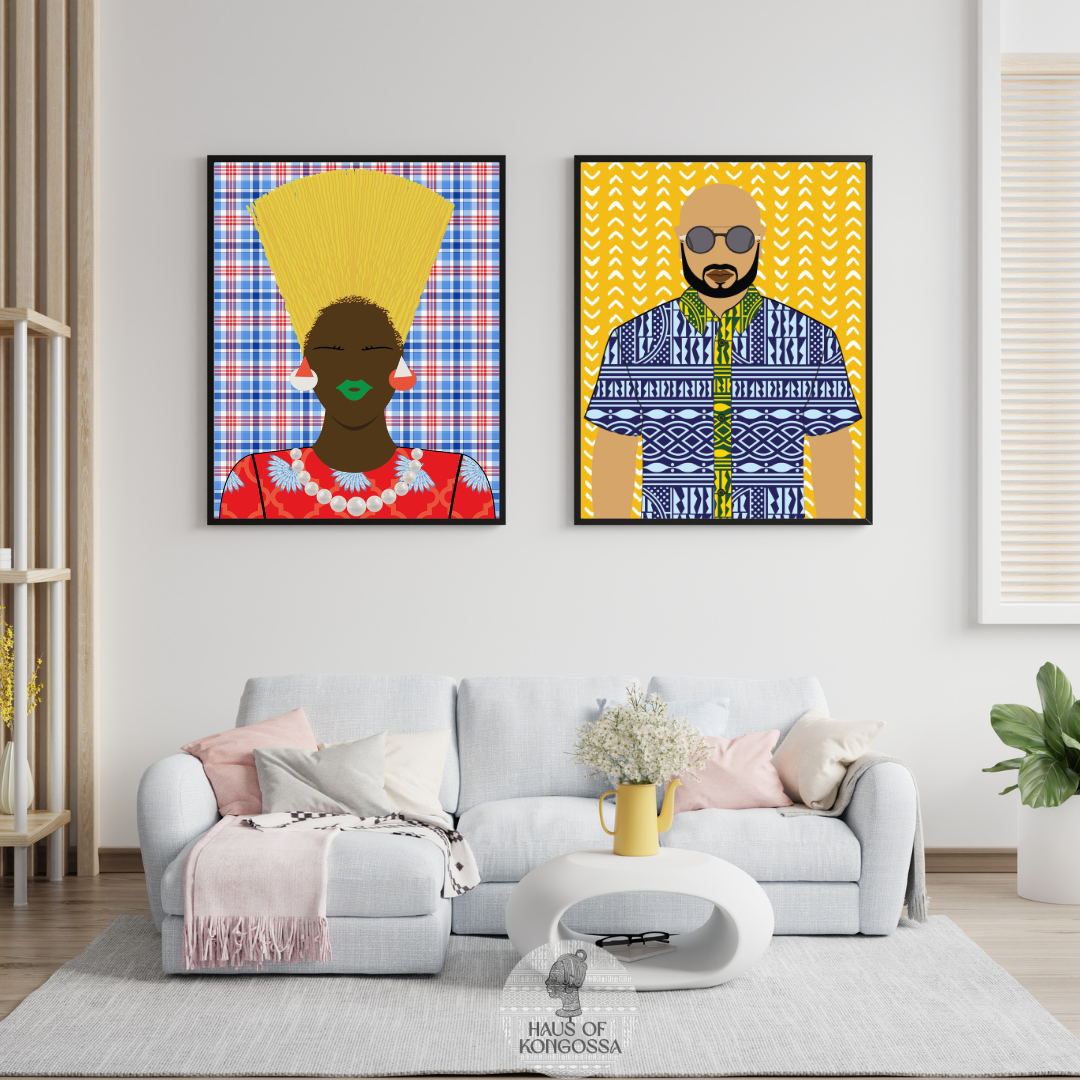 two framed artworks depicting stylized portraits of a woman and a man, hanging on a wall above a white sofa in a living room setting.