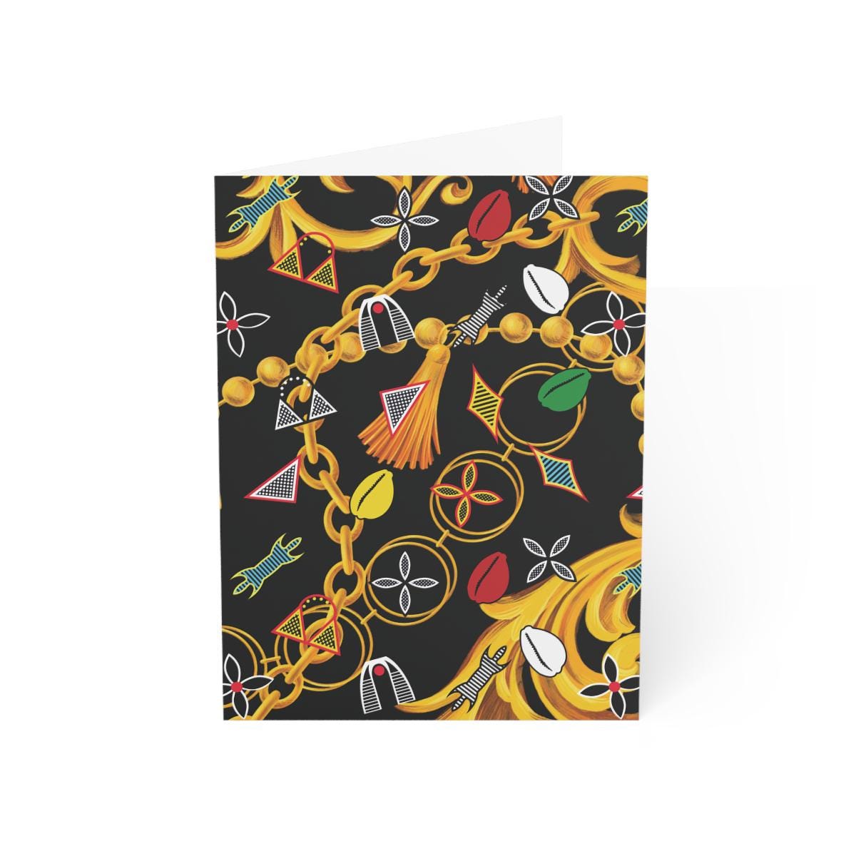 a card with a black background and a gold chain