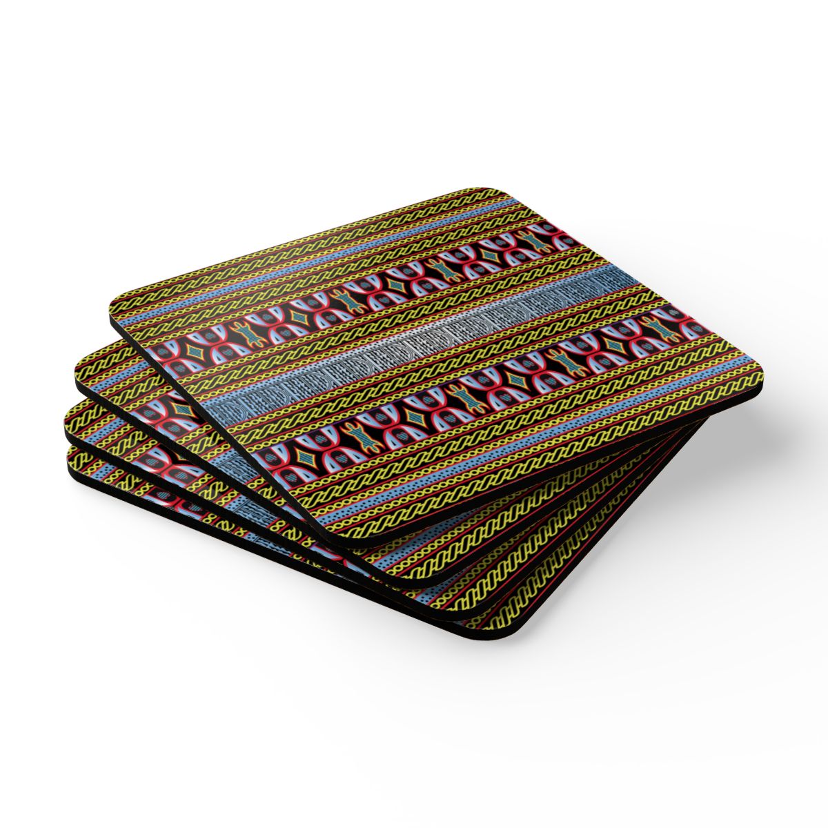 A set of four square coasters with a colorful, geometric pattern.