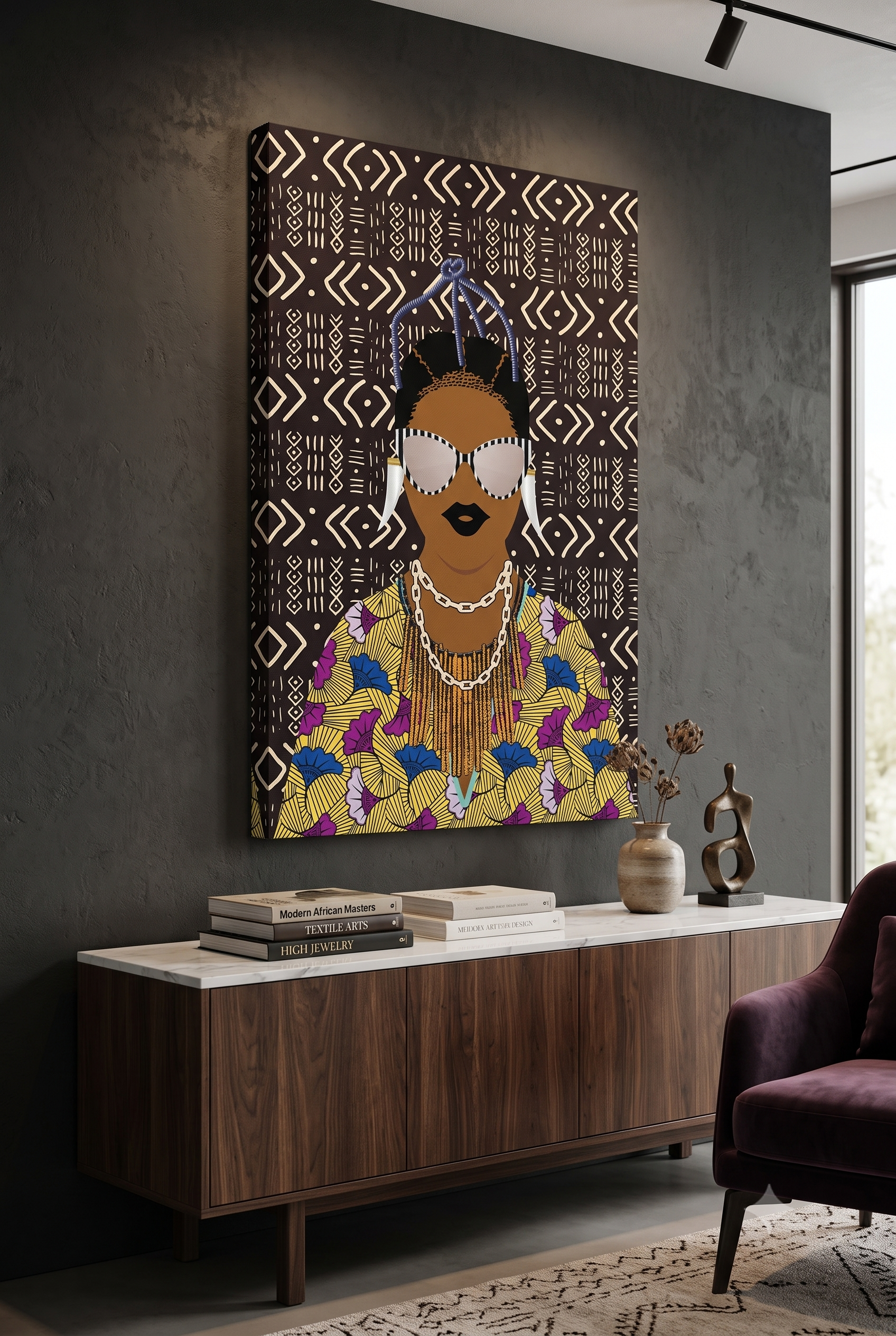a large, colorful painting of a woman with a headdress, displayed on a wall above a wooden cabinet. The painting is surrounded by various decorative items, including a vase with flowers, books, and a sculpture.