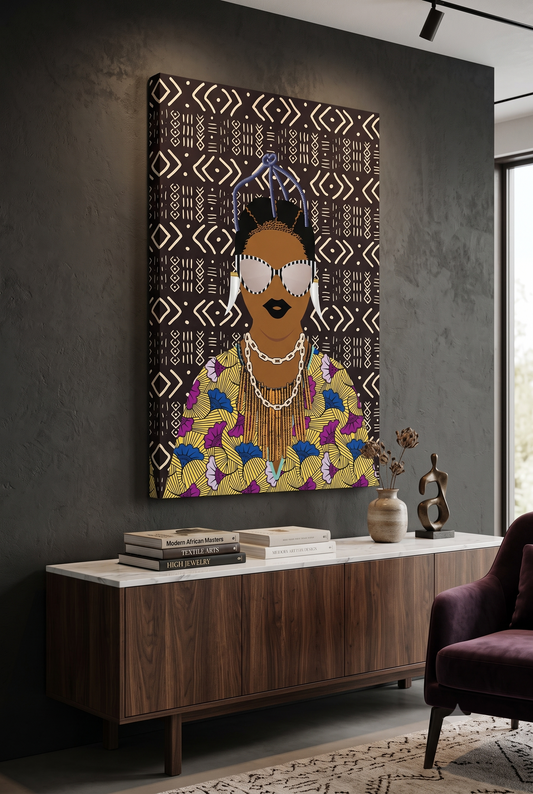 a large, colorful painting of a woman with a headdress, displayed on a wall above a wooden cabinet. The painting is surrounded by various decorative items, including a vase with flowers, books, and a sculpture.