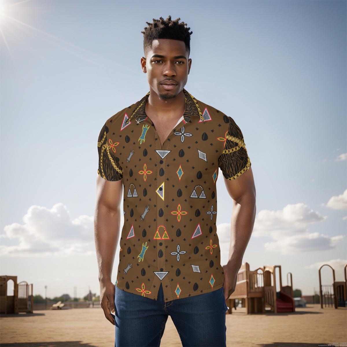 Mens Toghu African Print Button-Up Shirt: Deep Brown Zebra