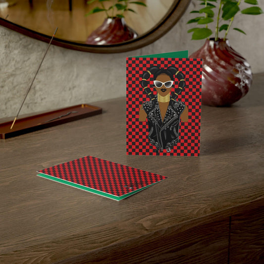 Horn Lady Biker Jacket - Red checkers  Green African Greeting Cards (1, 10pcs)