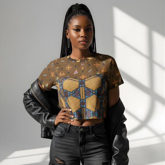 Brown Toghu Ankara Crop Top: High Stretch Women's Raglan Shirt