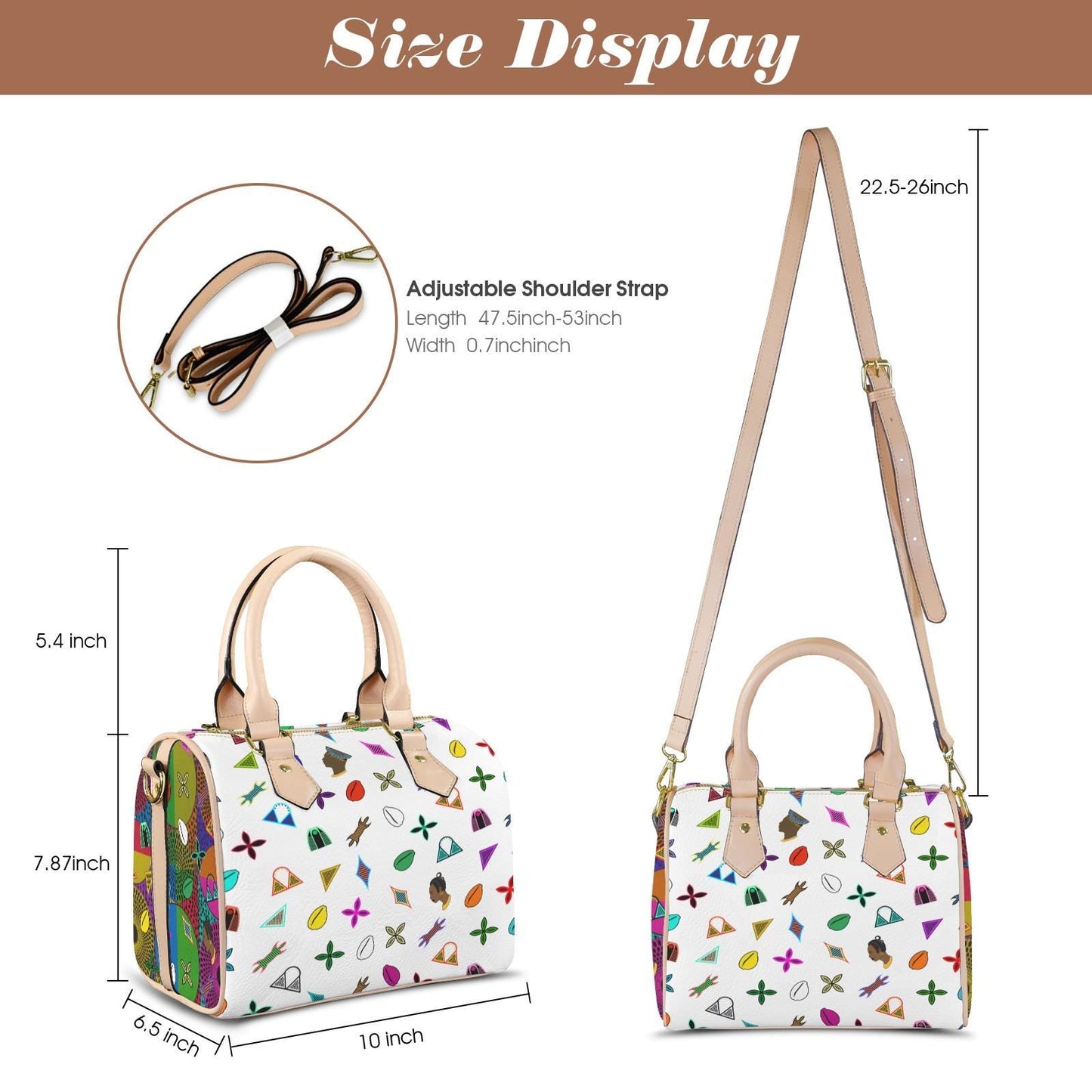 Vegan white Leather Boston Bag: African Toghu Shapes and Ankara Print Satchel Handbag, Ready to Ship