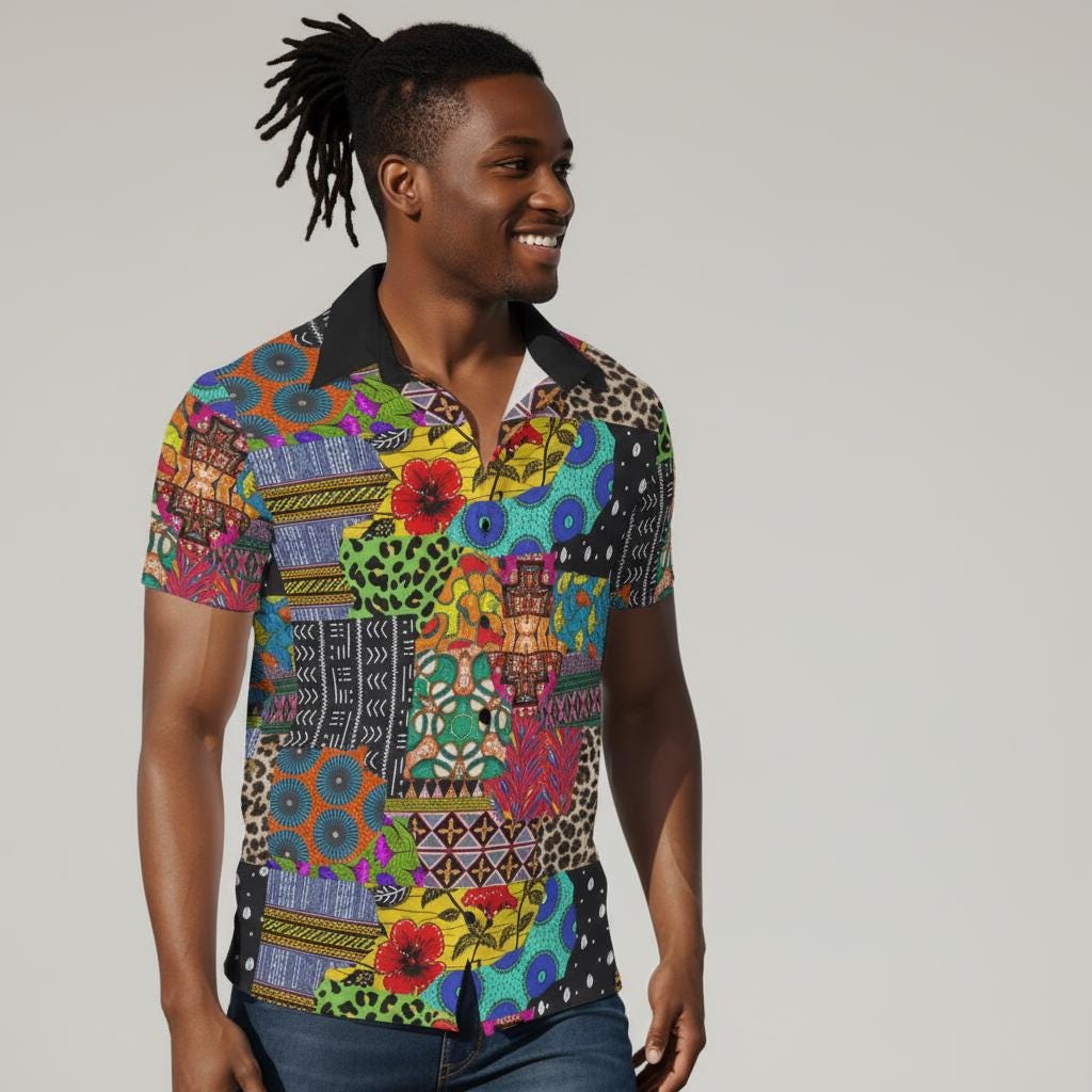African Ankara Print Men's Button-Up Shirt: Nyanga Boy Design