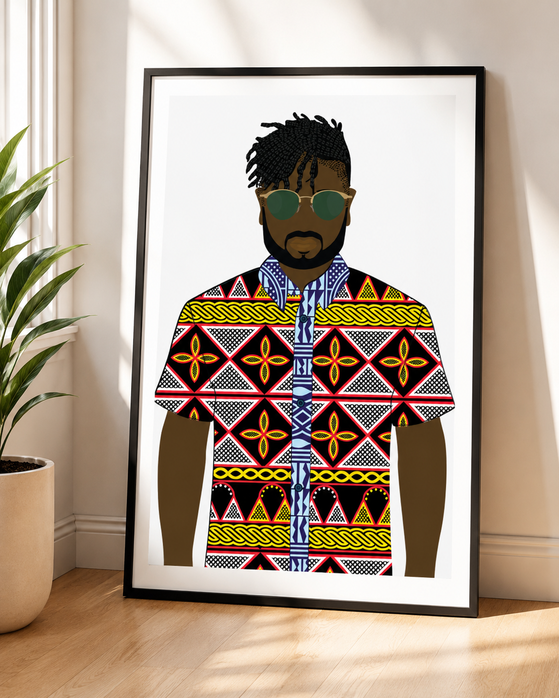 a man wearing a colorful, patterned shirt with a geometric design.