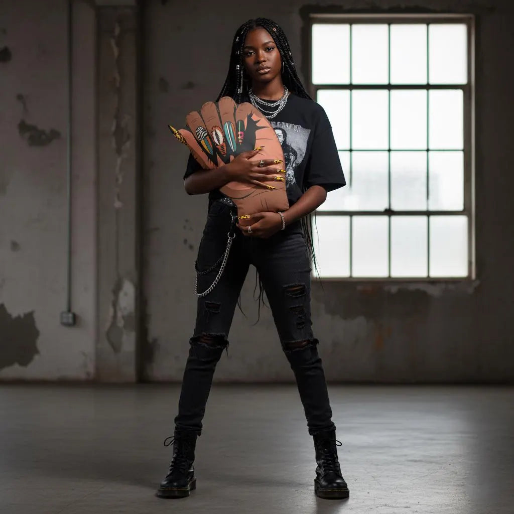 A young woman with braided hair stands in a room, holding a large, colorful glove in her hands.