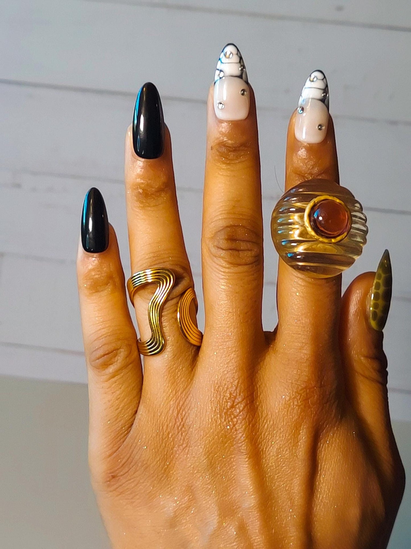 Snakeskin Regular Stiletto Press On Nails: Green, White and Black, Ready to Ship