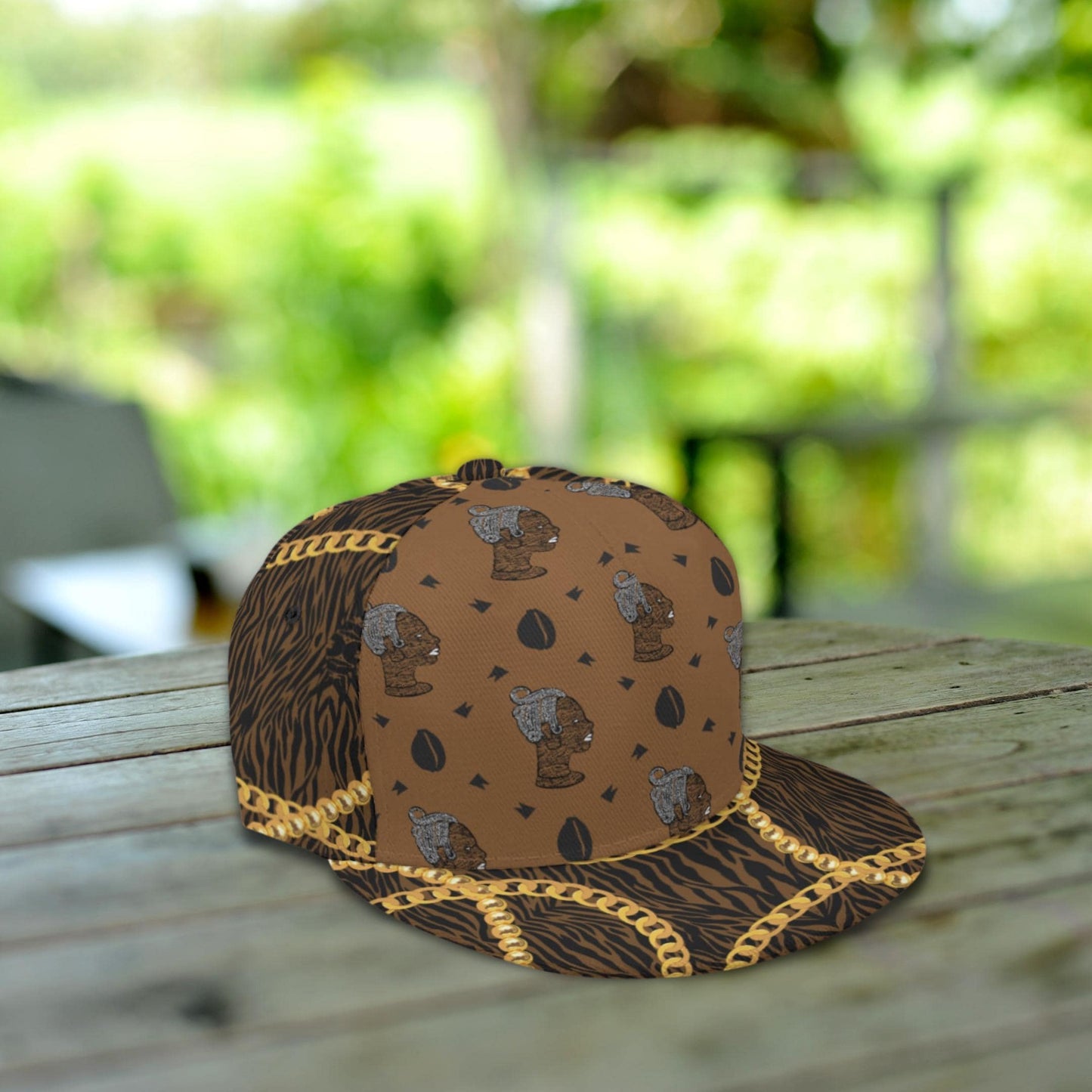 African Print Snapback Hat: Designer Brown, HOK Lady Logo with Zebra and Gold Chains Baseball Cap