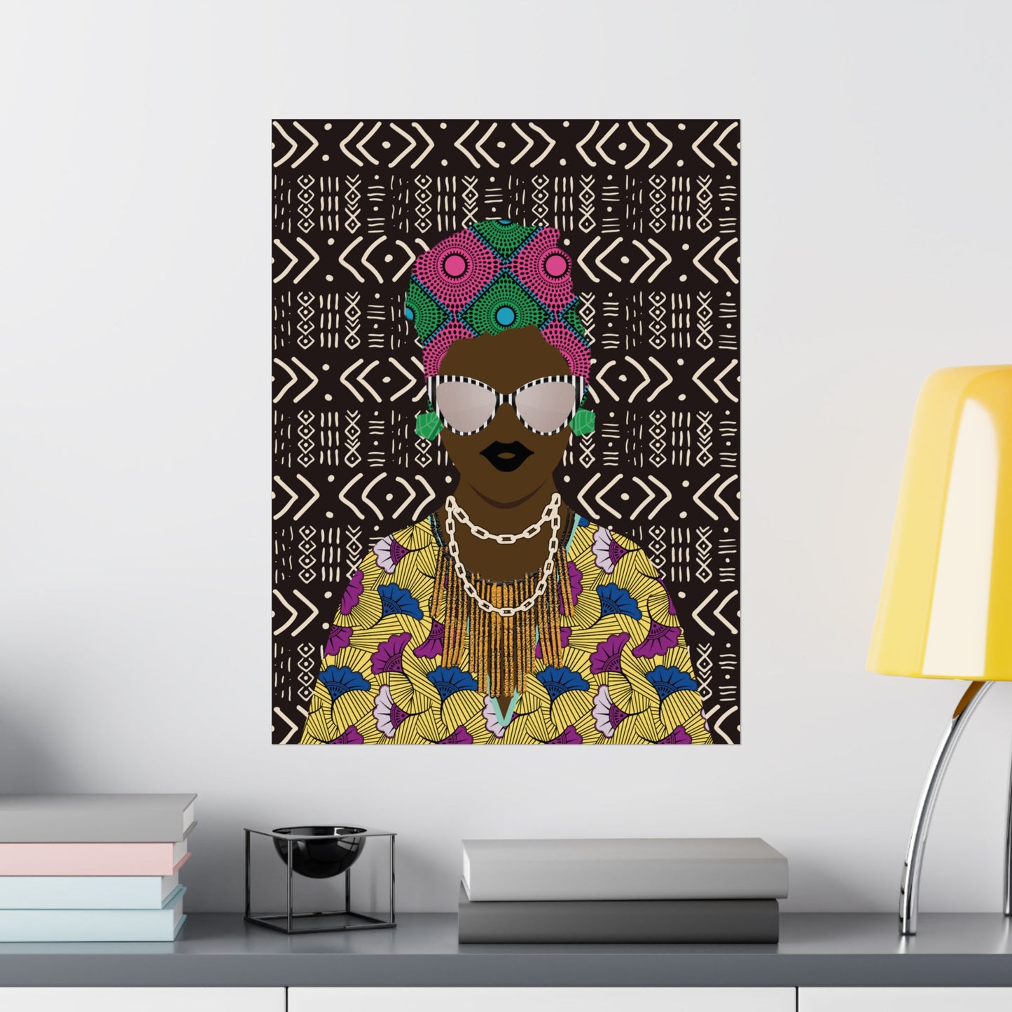 a colorful and vibrant illustration of a woman with a headdress, set against a patterned background.