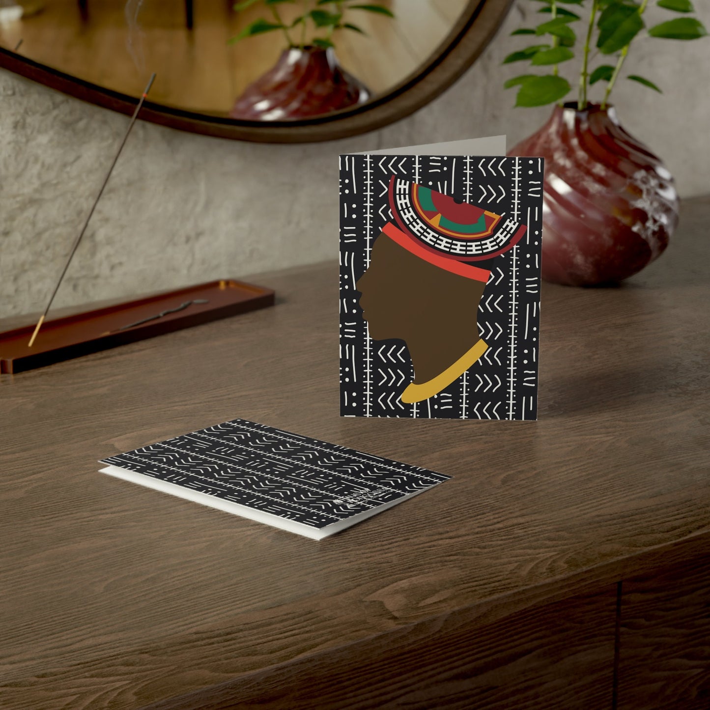 Man in Bamenda Hat Black Mudcloth African Greeting Cards (1, 10pcs)