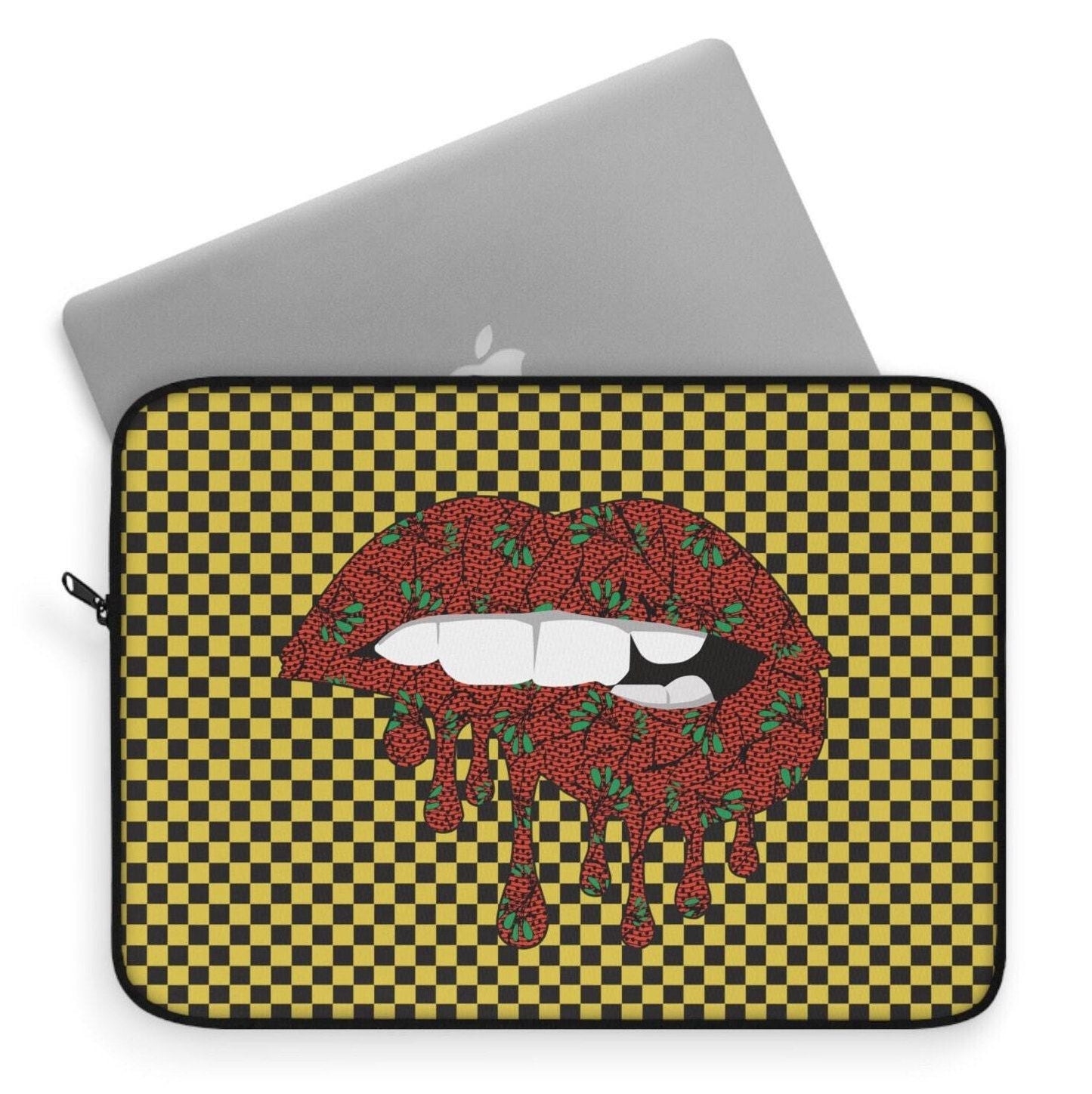 Red Floral Lips Laptop Sleeve: Yellow Checkers, Front Print