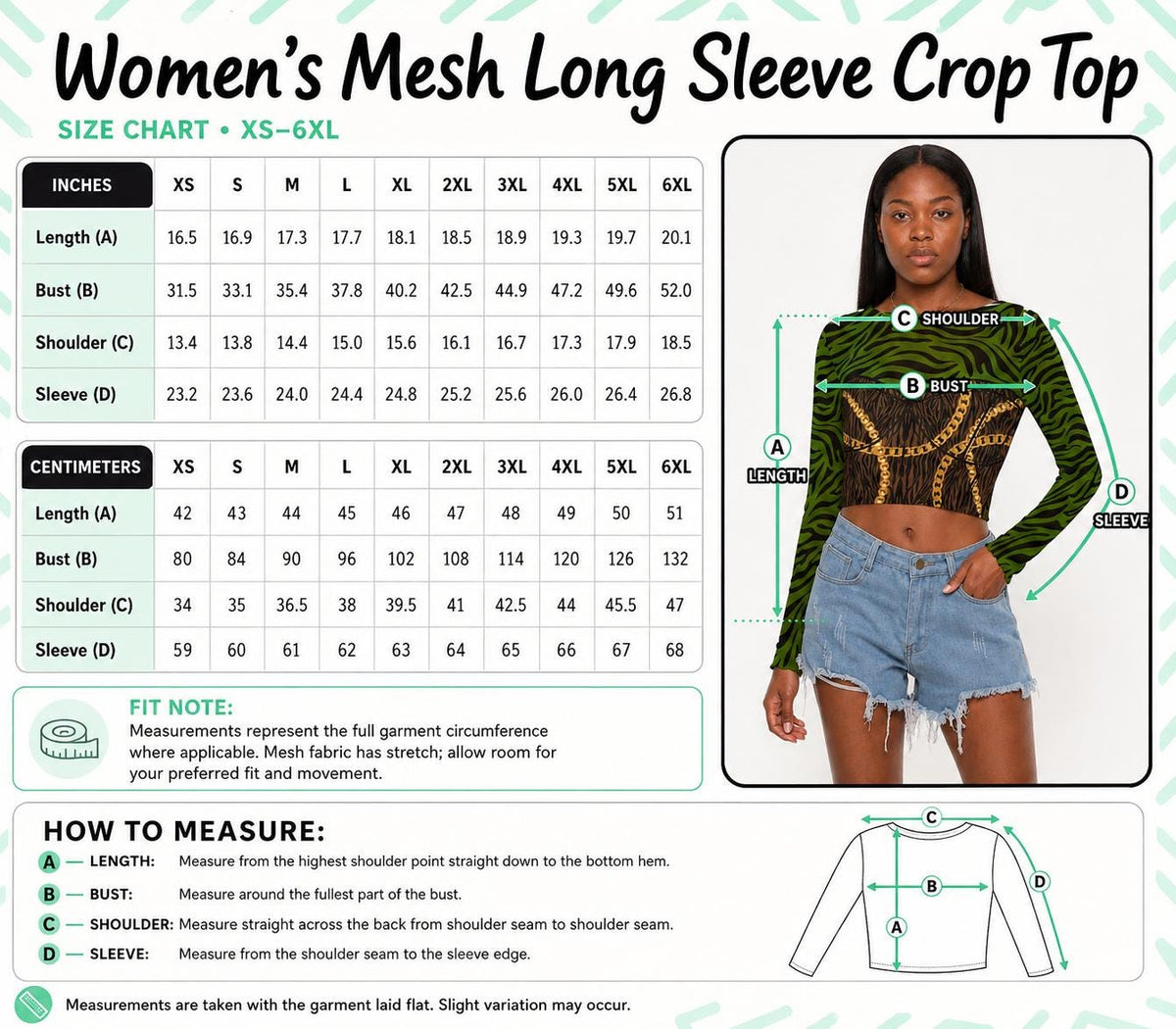 The image is a size chart for a women's mesh long sleeve crop top, providing measurements and corresponding sizes for different body types.