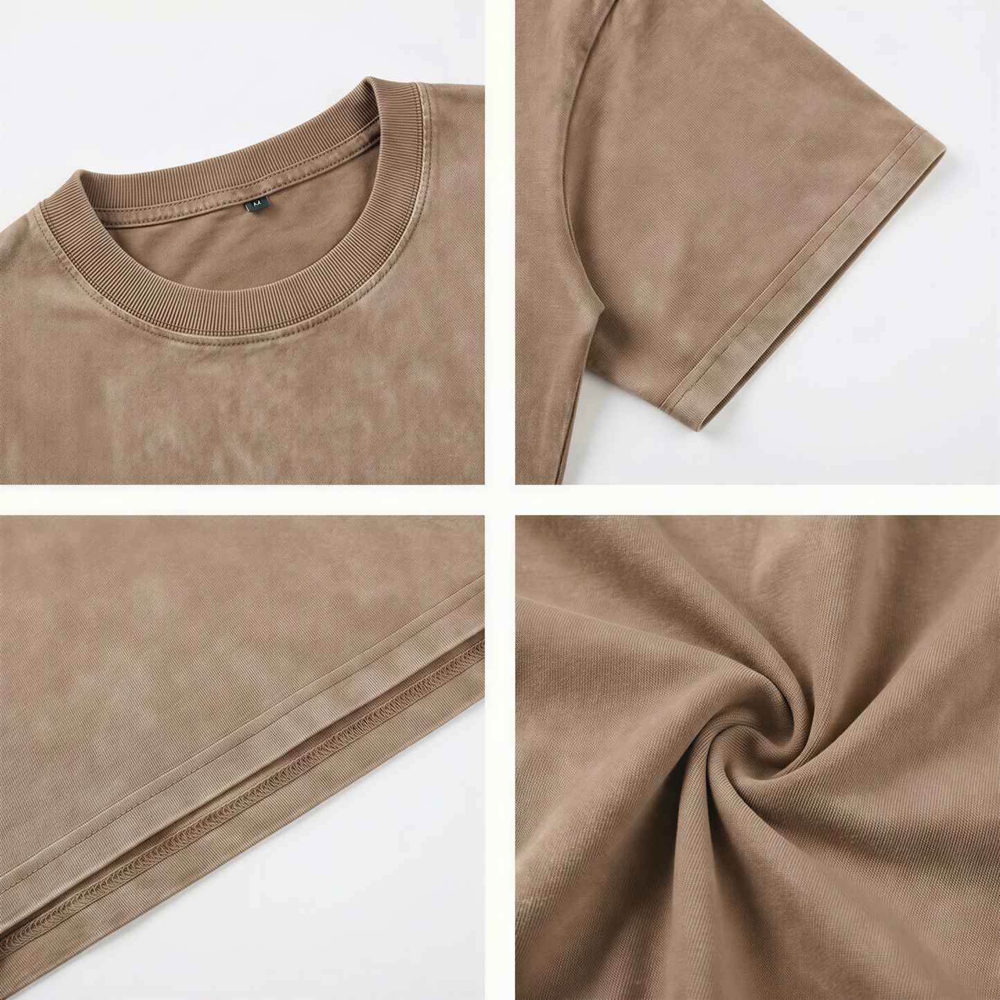 The image is a collage of four photos showing different aspects of a brown t-shirt, including the collar, sleeves, fabric texture, and a close-up view of the fabric.