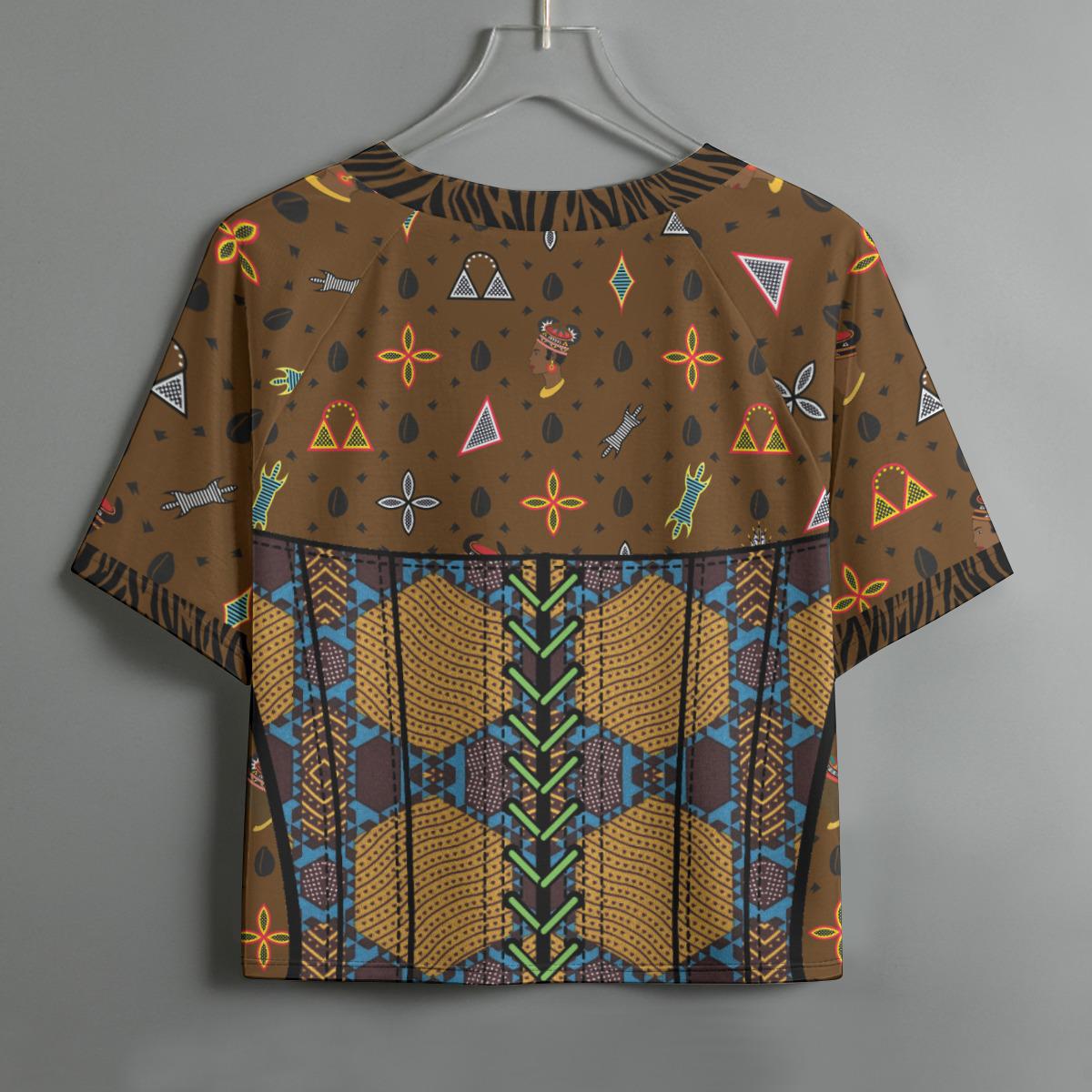 Brown Toghu Ankara Crop Top: High Stretch Women's Raglan Shirt