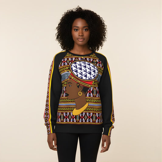 Bamileke Hat Lady, Women's Raglan Sleeve Sweatshirt, on Toghu and Ndop Print All-Over Print