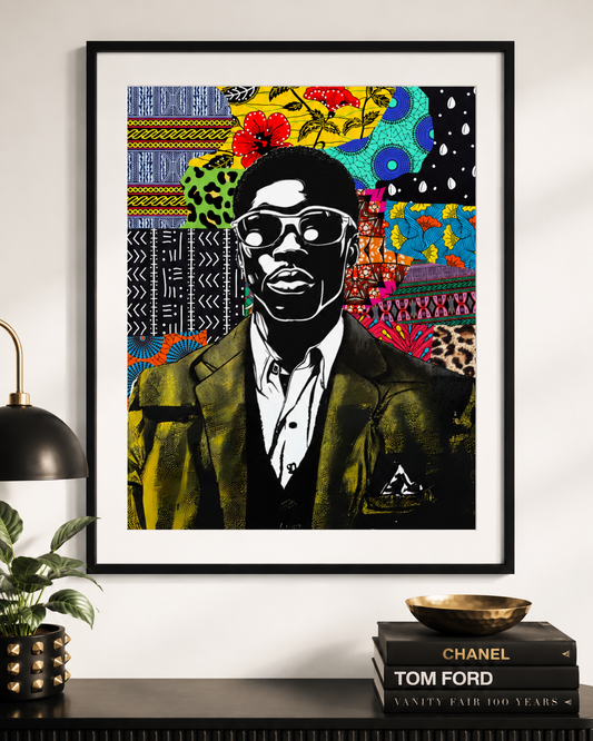 a framed artwork of a man wearing sunglasses and a suit, set against a vibrant, colorful background with various patterns and designs.