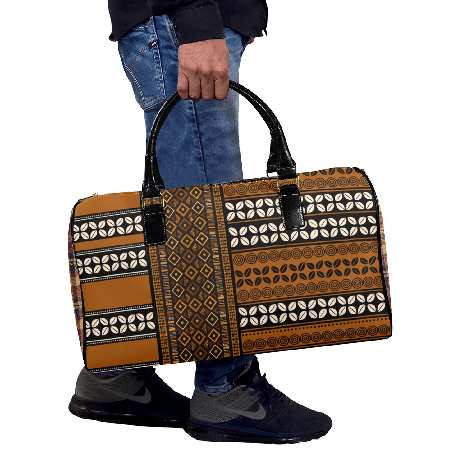 NEW Vegan Leather Mudcloth & Cowries Print Travel Bag