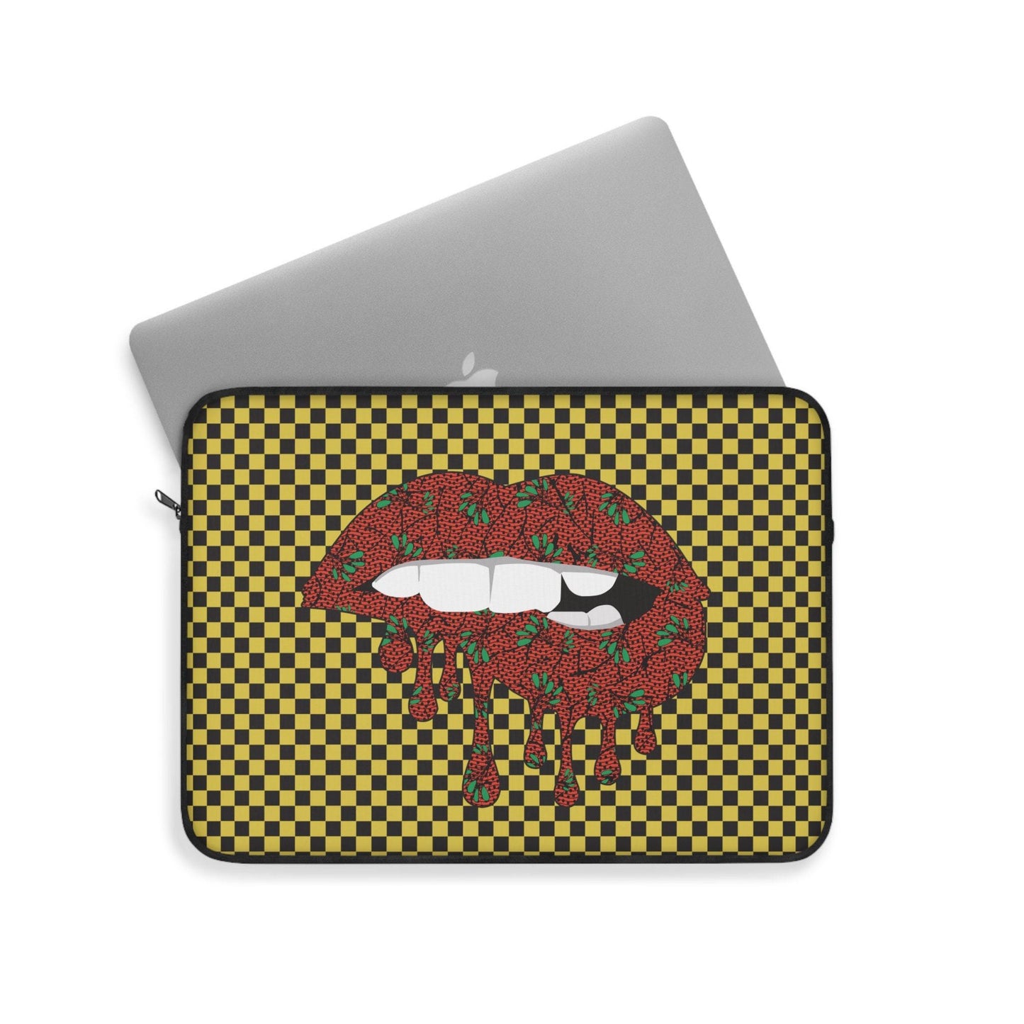 Red Floral Lips Laptop Sleeve: Yellow Checkers, Front Print