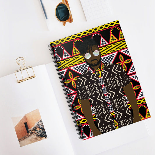 Pascale in Mudcloth on Yellow Toghu - Front Cover Spiral Notebook - Ruled Line