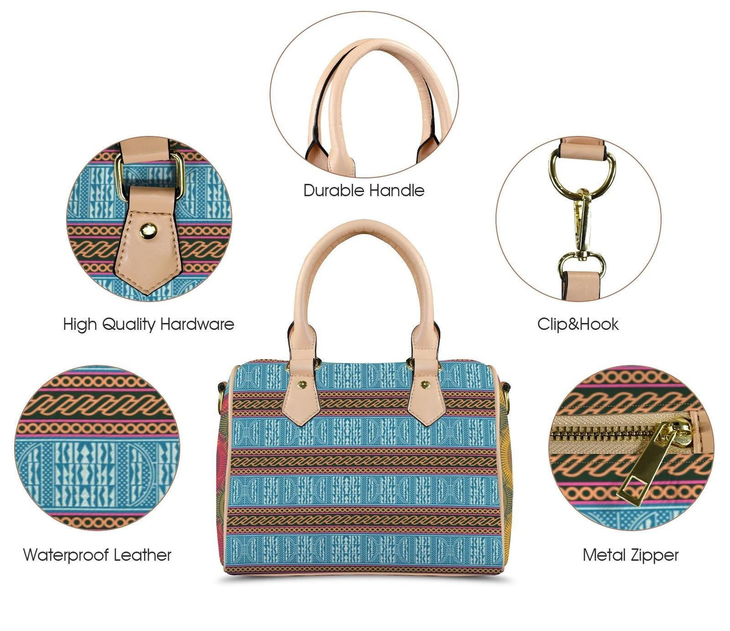 African Ndop Print Boston Bag - Vegan Leather Satchel Handbag with Strap