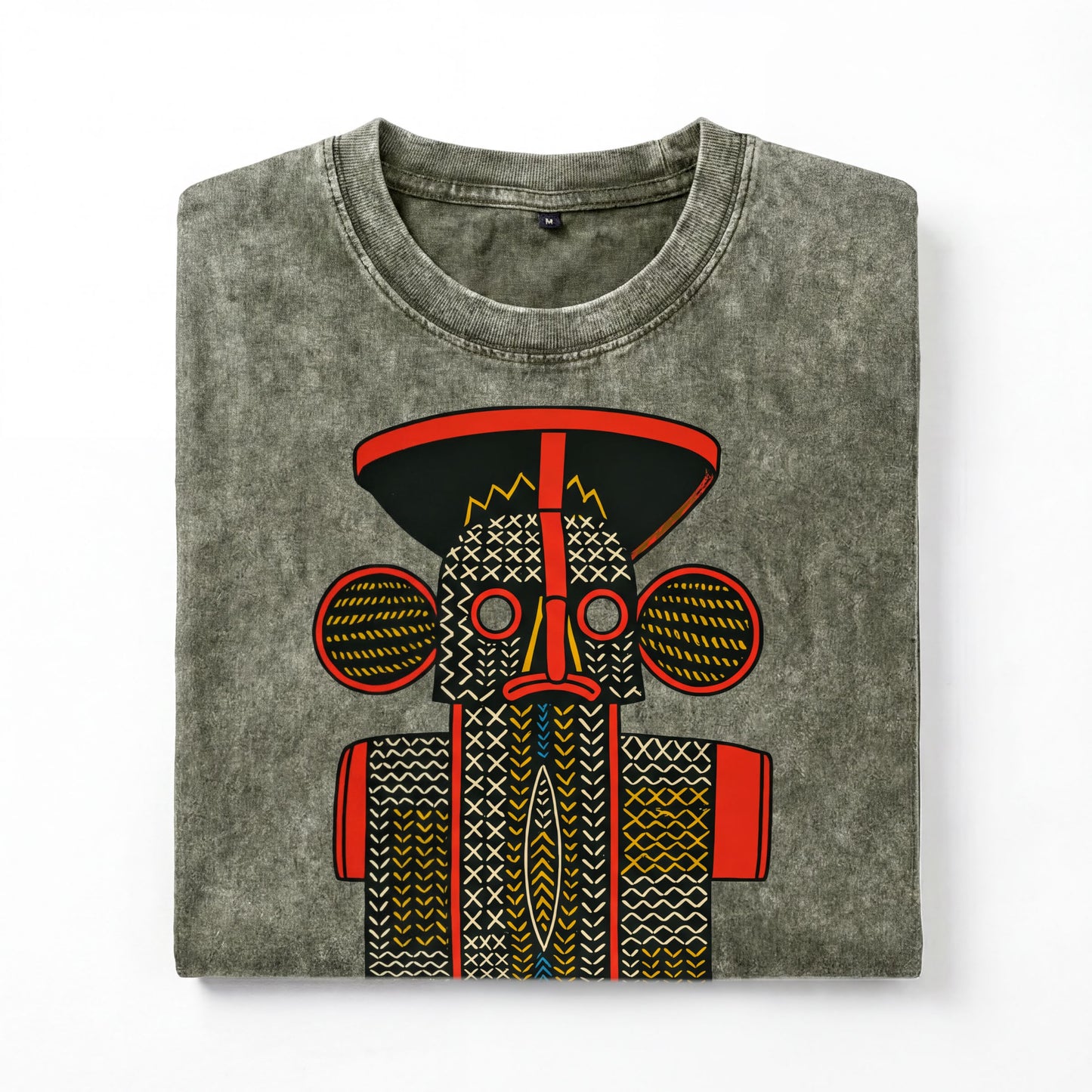 a gray t-shirt with a colorful, abstract design depicting a stylized face or mask.