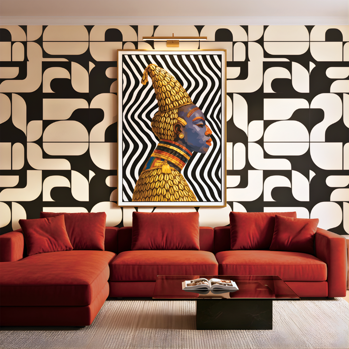 a modern living room with a large abstract painting of a woman's face on the wall, a red sofa, and a glass coffee table in front of it.