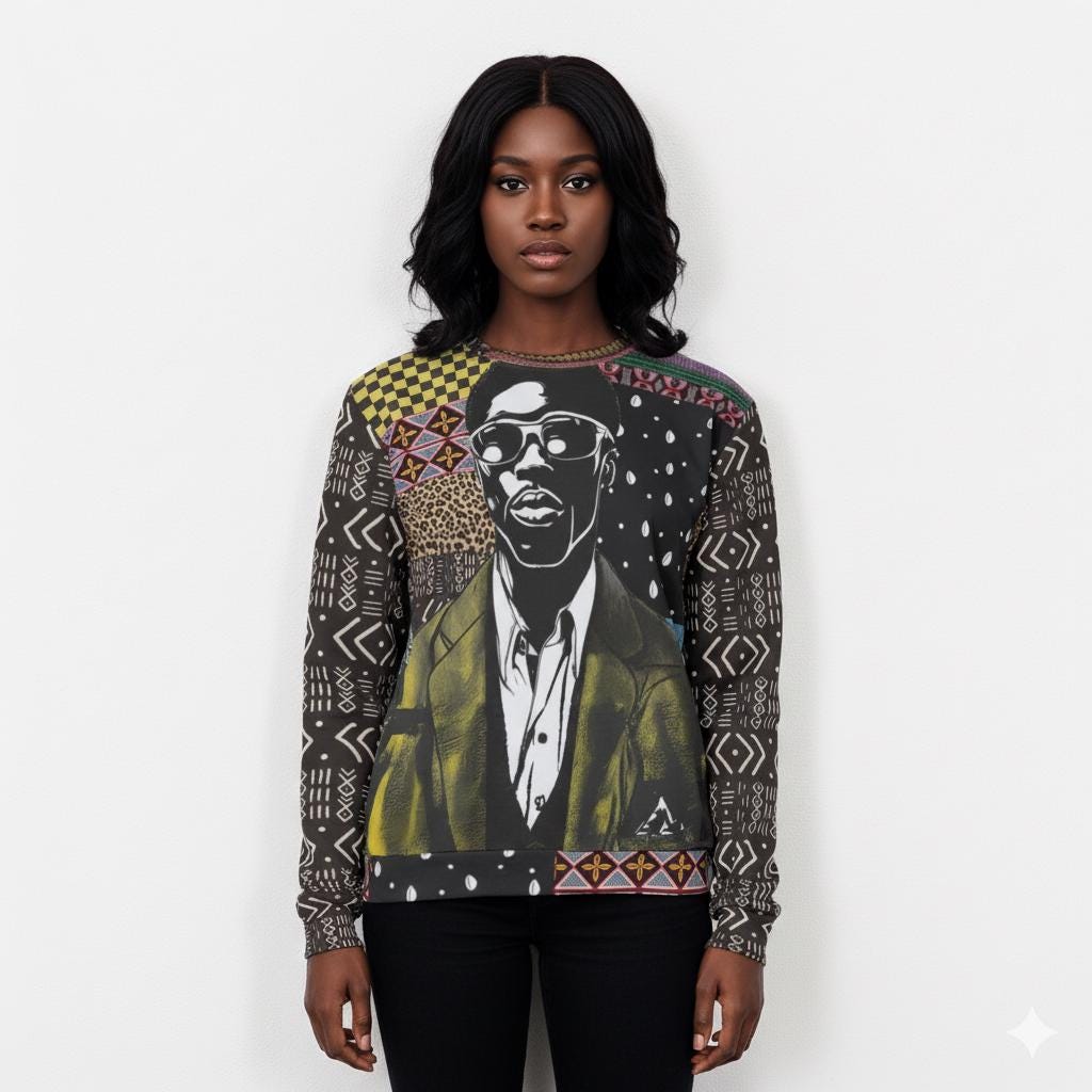 African Patchwork Print Sweatshirt, Nyanga Boy Art, Scuba Fabric