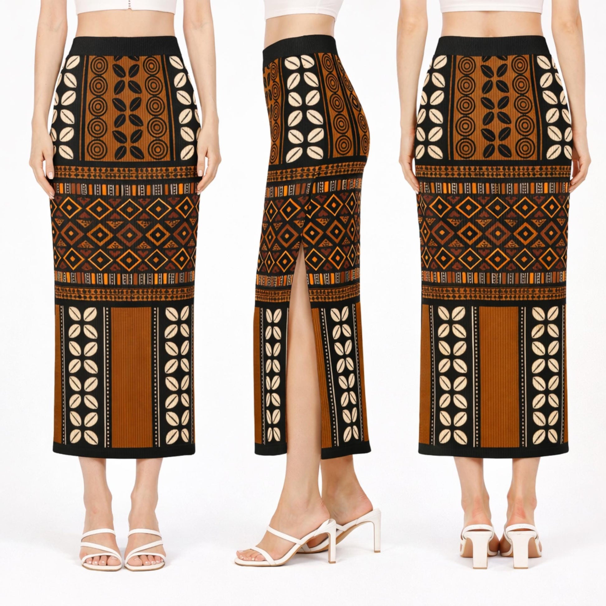 A collage of three images showing the front, side, and back views of a woman wearing a long, patterned skirt with a high slit.
