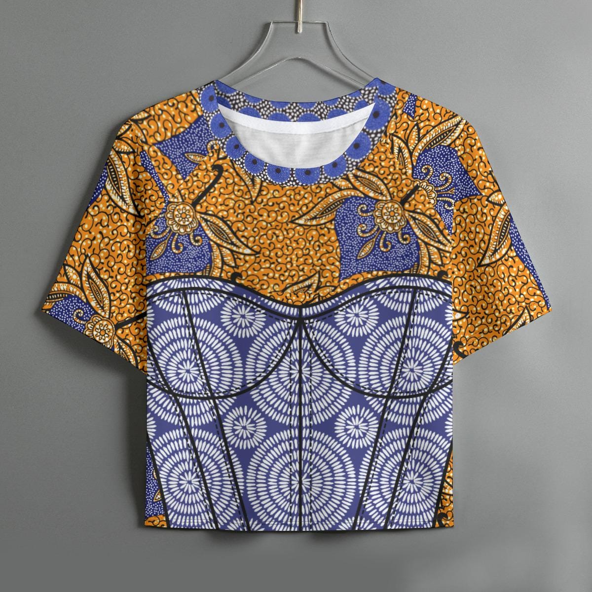 African Print Crop Top: Blue & Brown Ankara, Raglan Sleeve