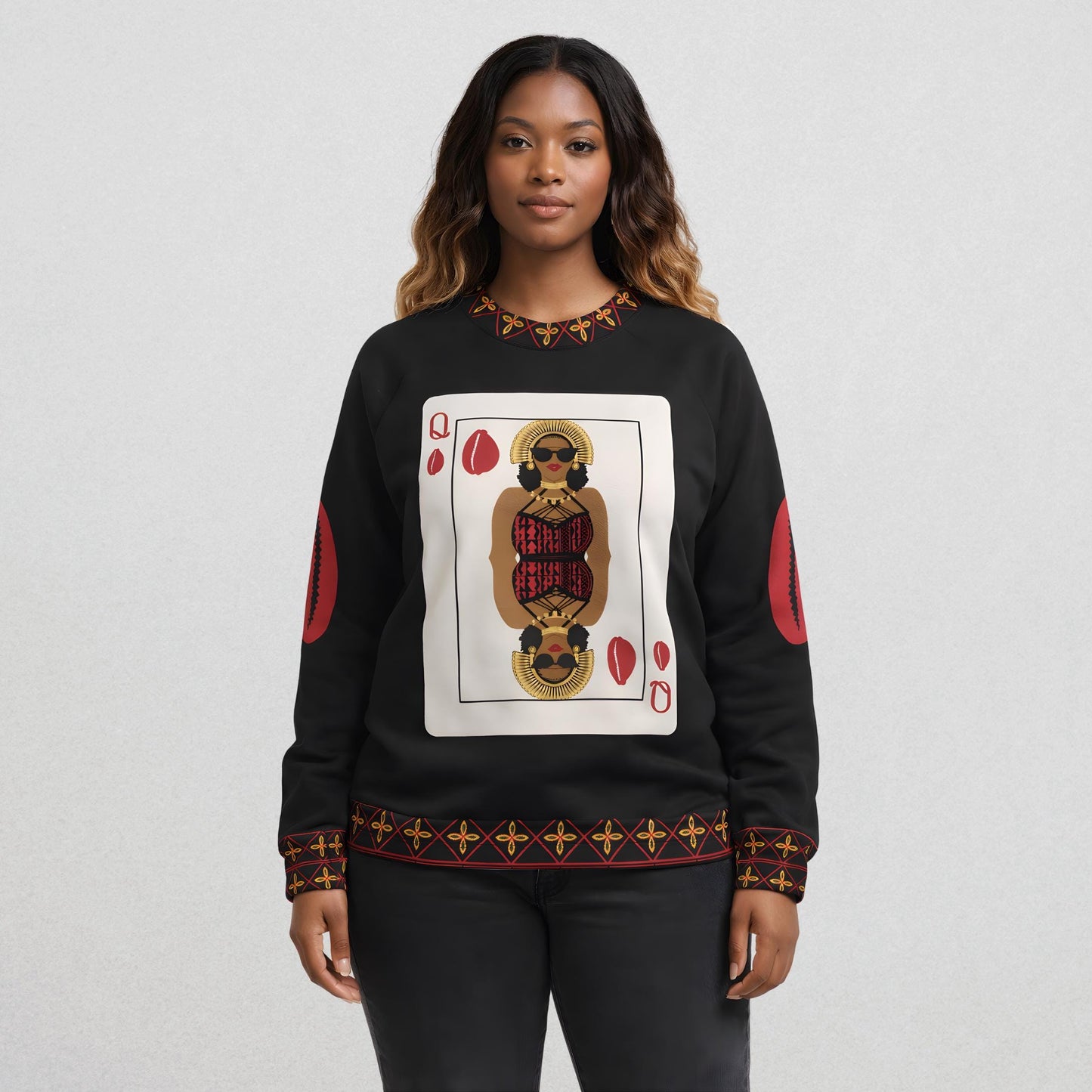 Queen of Cowries Soft Cotton Blend Unisex Crewneck Sweatshirt, with Toghu Accents