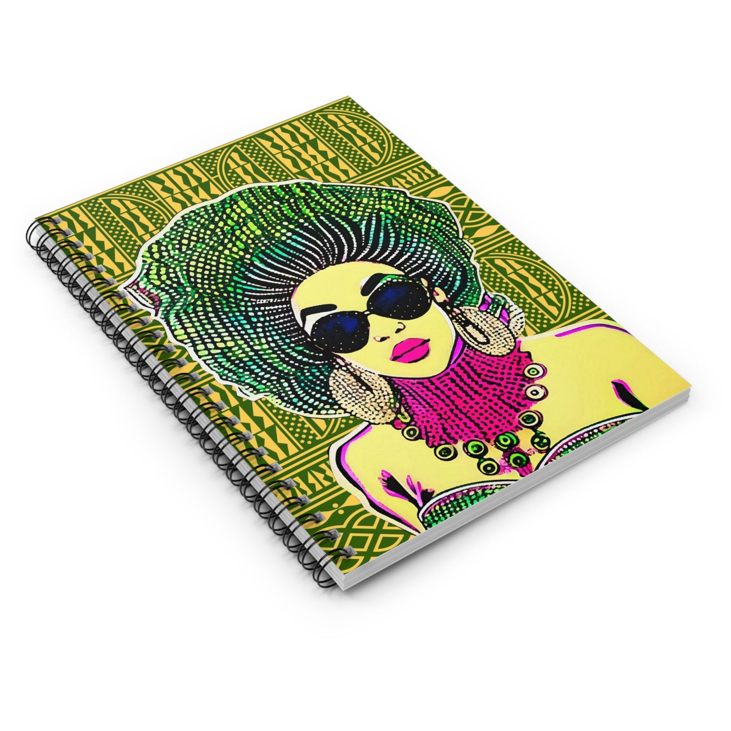 Madame Headtie(Color) - Yellow Ndop backdrop Spiral Notebook, Front Cover Print - Ruled Lines
