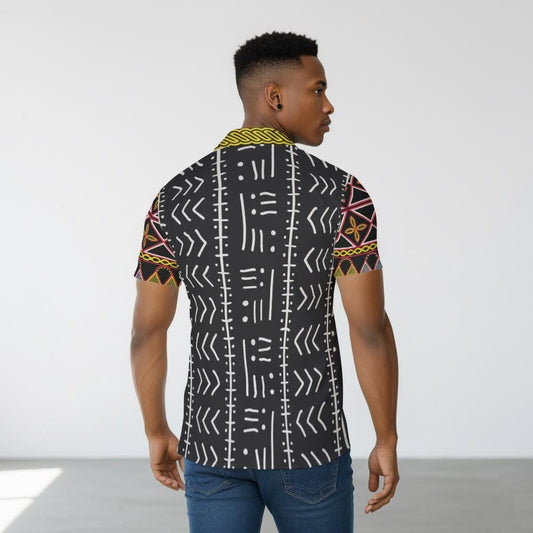 Mudcloth Toghu Print Mens Button-Up Shirt: African Pattern Stretch Fabric, Ready to Ship
