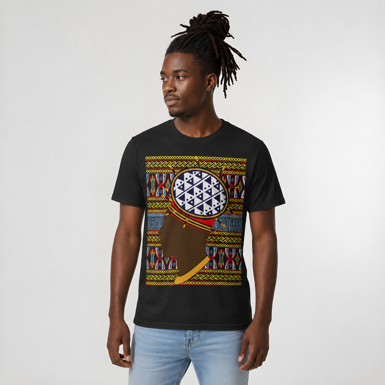 Man in Spiky Bamenda Bamileke Hat Chocolate on Black Mudcloth Unisex Heavy Cotton Tee