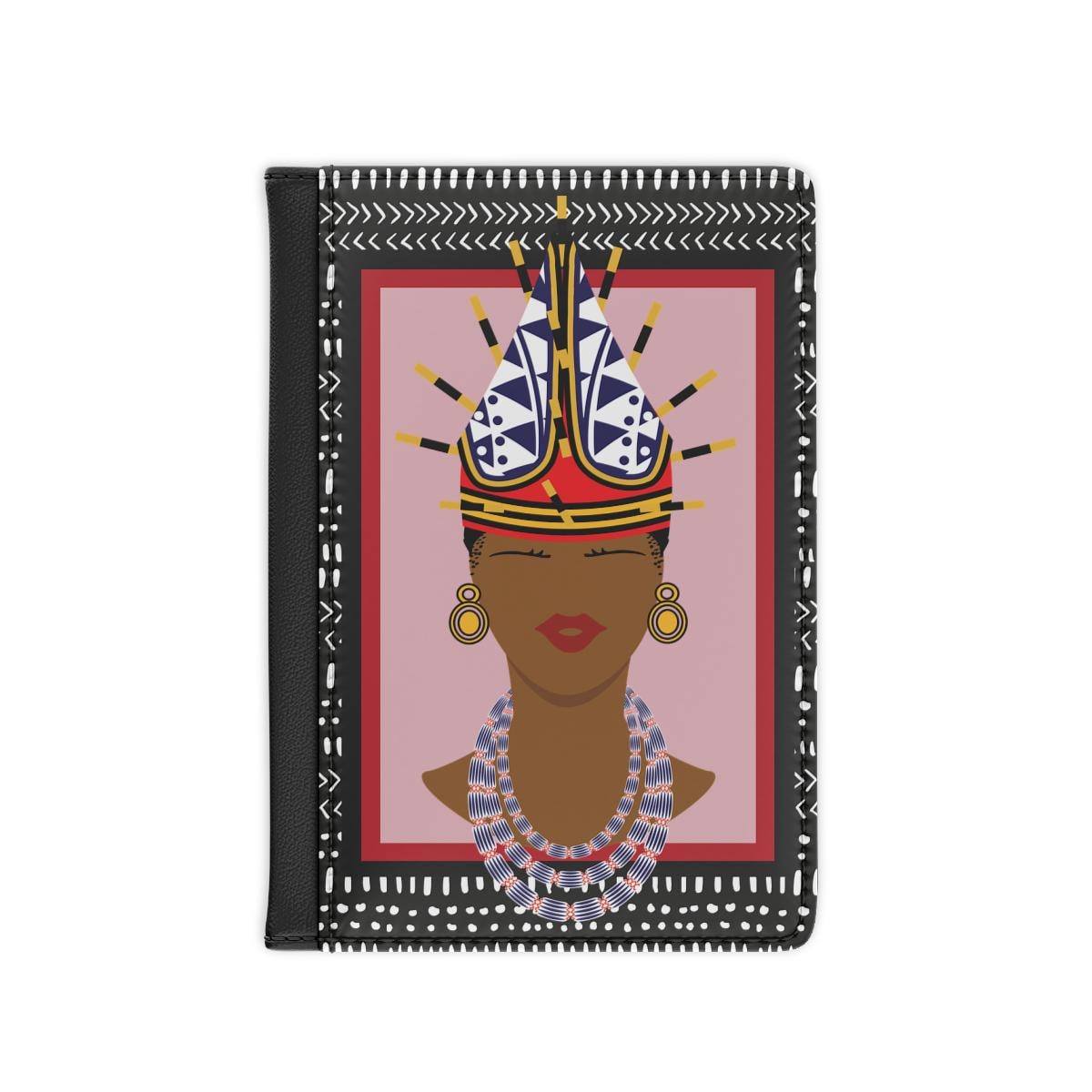 a woman wearing a colorful headdress and jewelry, with a pink background and a black frame.