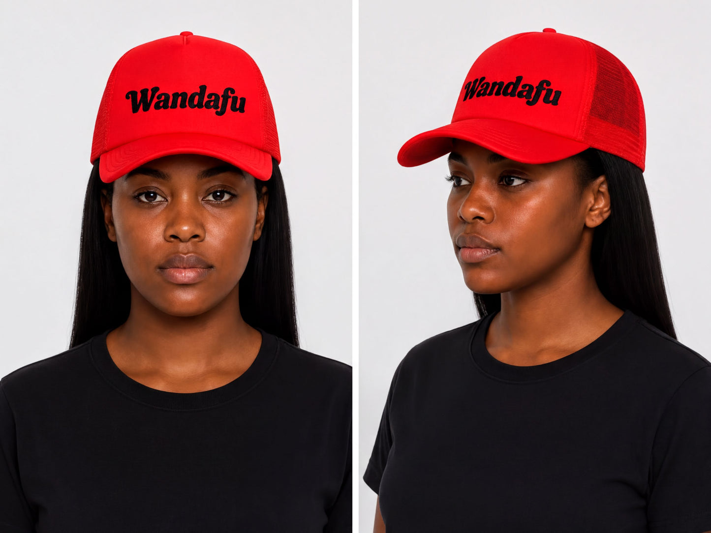 two women wearing red baseball caps with the word "Wandafu" printed on them.