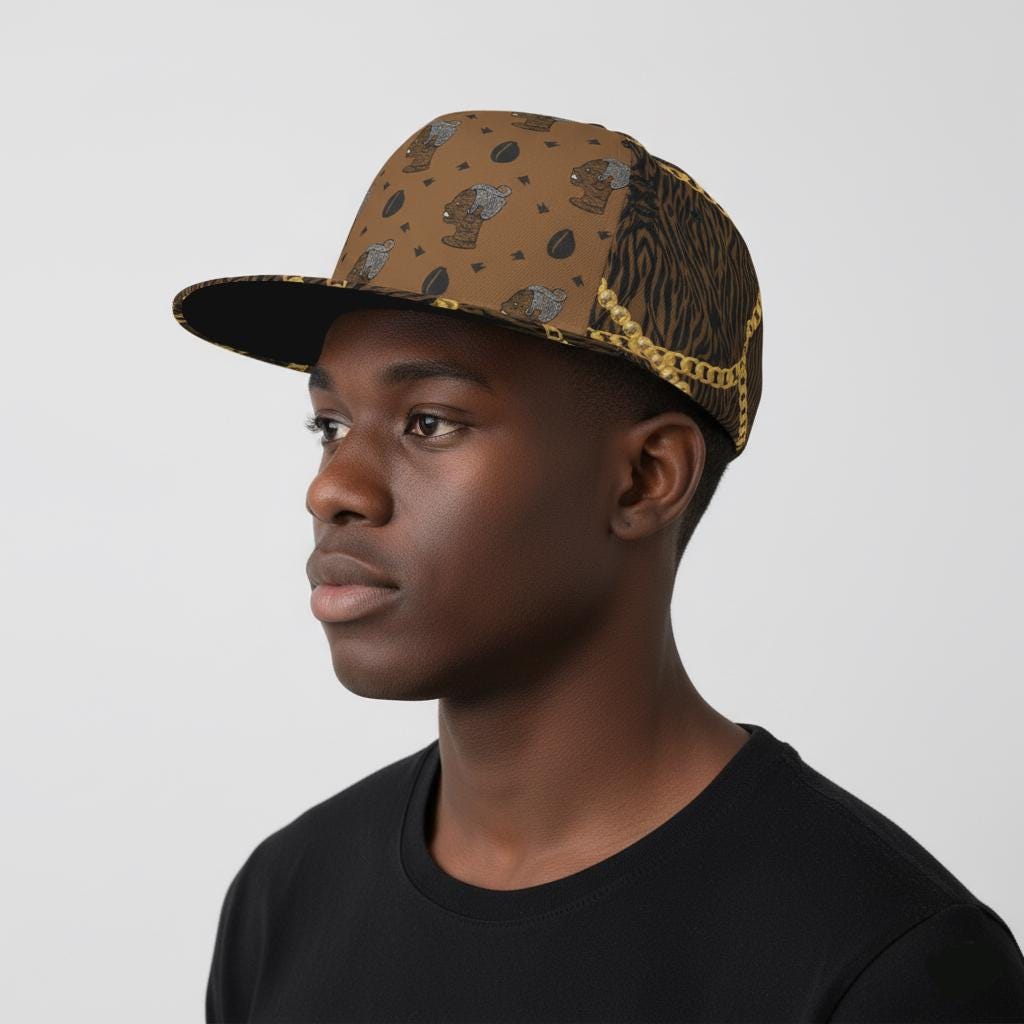 African Print Snapback Hat: Designer Brown, HOK Lady Logo with Zebra and Gold Chains Baseball Cap