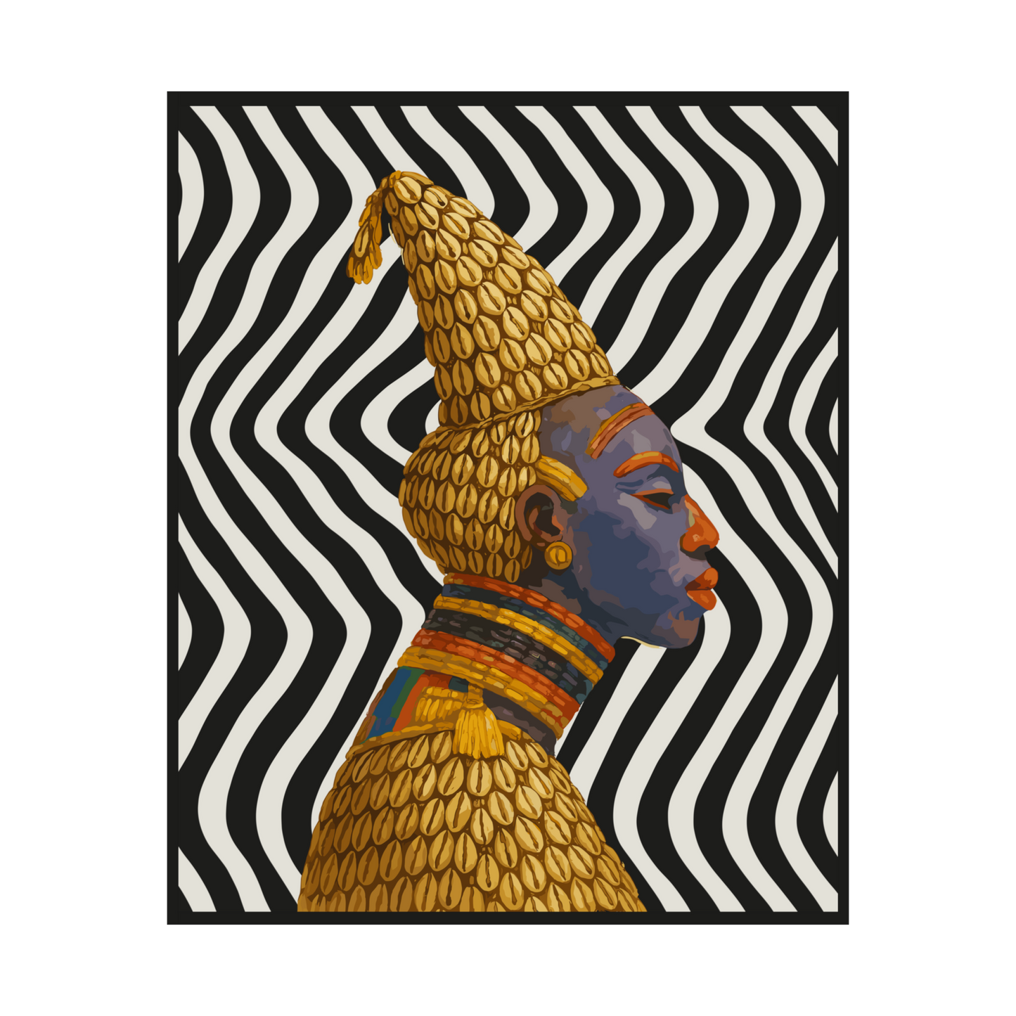 a colorful portrait of a person wearing a golden headdress against a black and white striped background.
