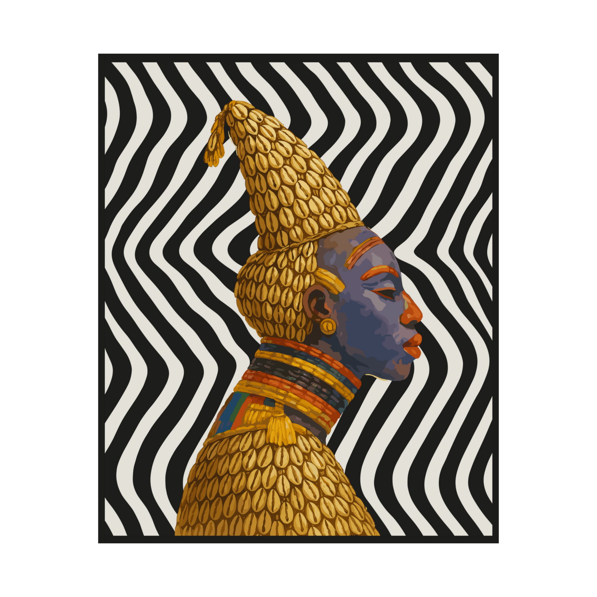 a colorful portrait of a person wearing a golden headdress against a black and white striped background.