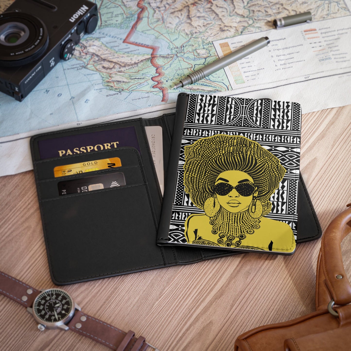Madame Headtie - Yellow - Black Ndop - Passport Cover