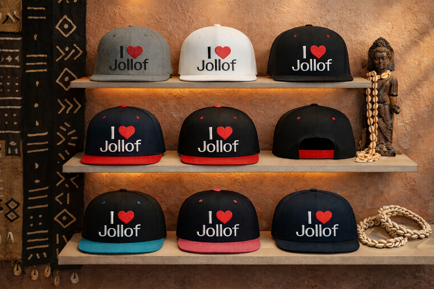 I luv Jollof Flat Bill Snapback Hat, Embroidered Adjustable One Size Cap