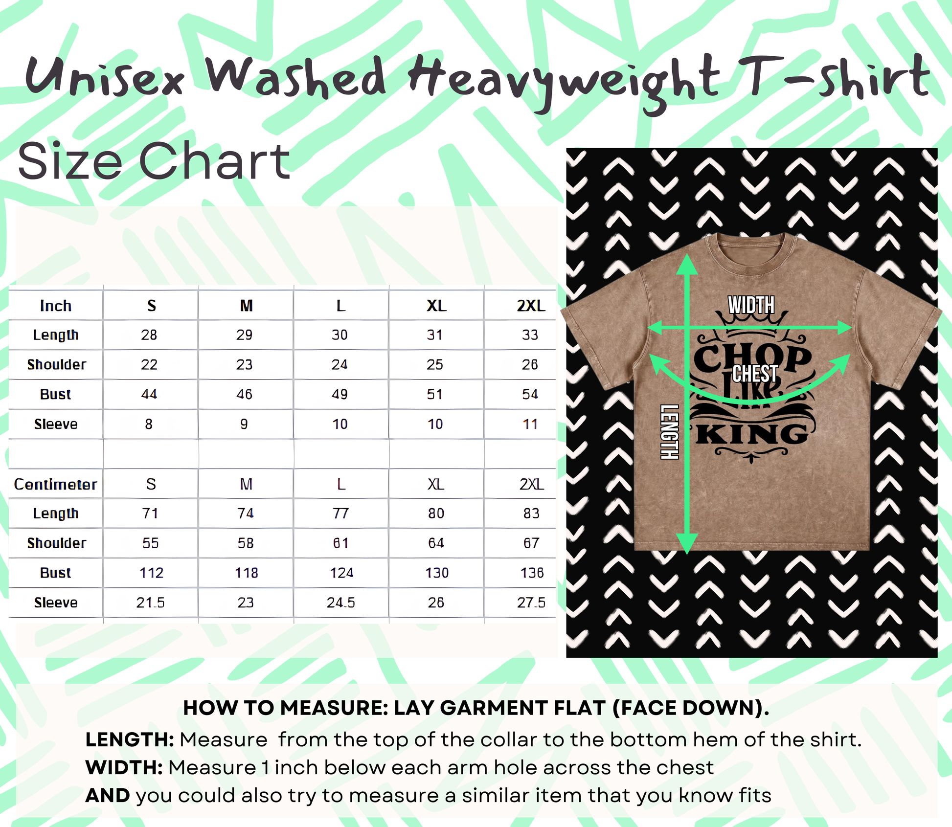 The image is a size chart for a unisex washed heavyweight t-shirt. It provides measurements for different sizes, including chest, waist, shoulders, bust, and sleeves, along with corresponding measurements in inches. The chart also includes a diagram of a t-shirt with measurements and a text that reads "WIDTH: Measure 1 inch below each arm hole across the chest AND you also try to measure a similar item that you know fits".