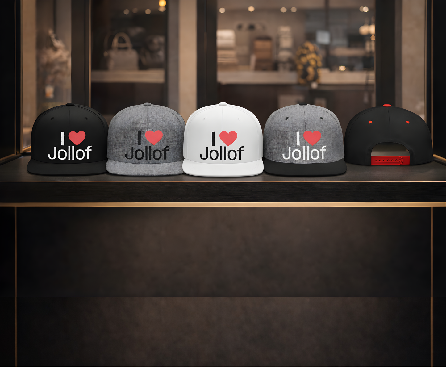 I luv Jollof Flat Bill Snapback Hat, Embroidered Adjustable One Size Cap