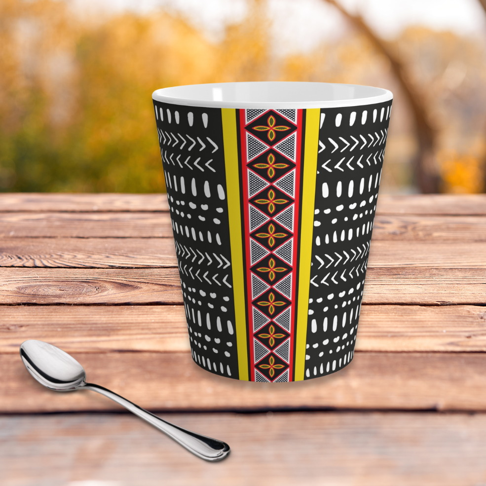 Mudcloth Toghu Stripe Latte Mug, African Design Coffee Cup, Ethnic Inspired Tea Mug, Tribal Pattern Cocoa Mug