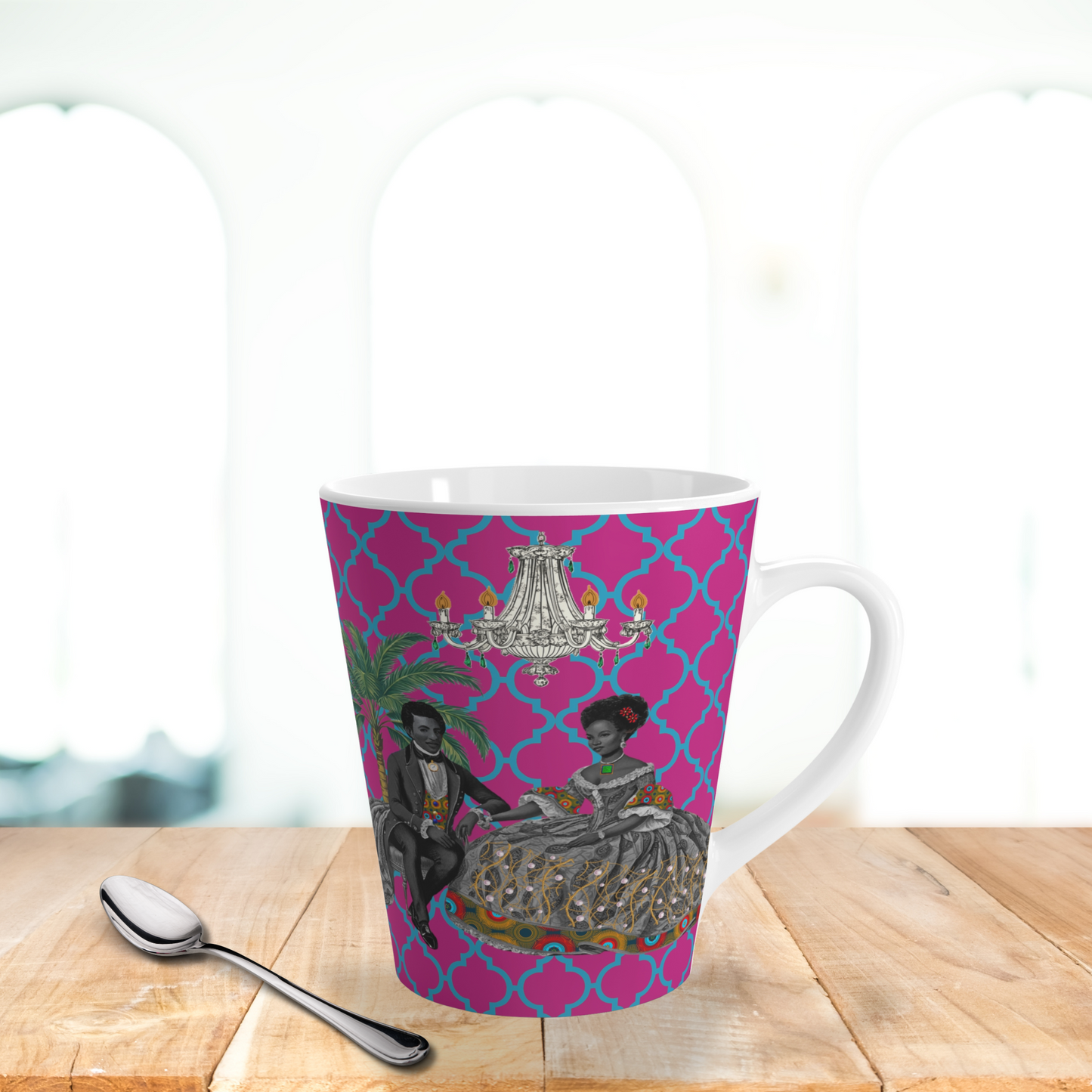 Toile Aristocrat Couple on Argyle Ceramic Coffee Latte Mug, 12oz - Unique Tea Cup, Vintage French Style, Gift for Tea Lovers, Retro