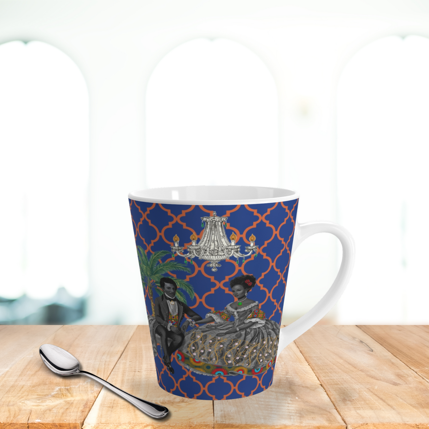 Toile Aristocrat Couple on Argyle Ceramic Coffee Latte Mug, 12oz - Unique Tea Cup, Vintage French Style, Gift for Tea Lovers, Retro