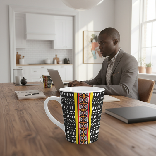 Mudcloth Toghu Stripe Latte Mug, African Design Coffee Cup, Ethnic Inspired Tea Mug, Tribal Pattern Cocoa Mug