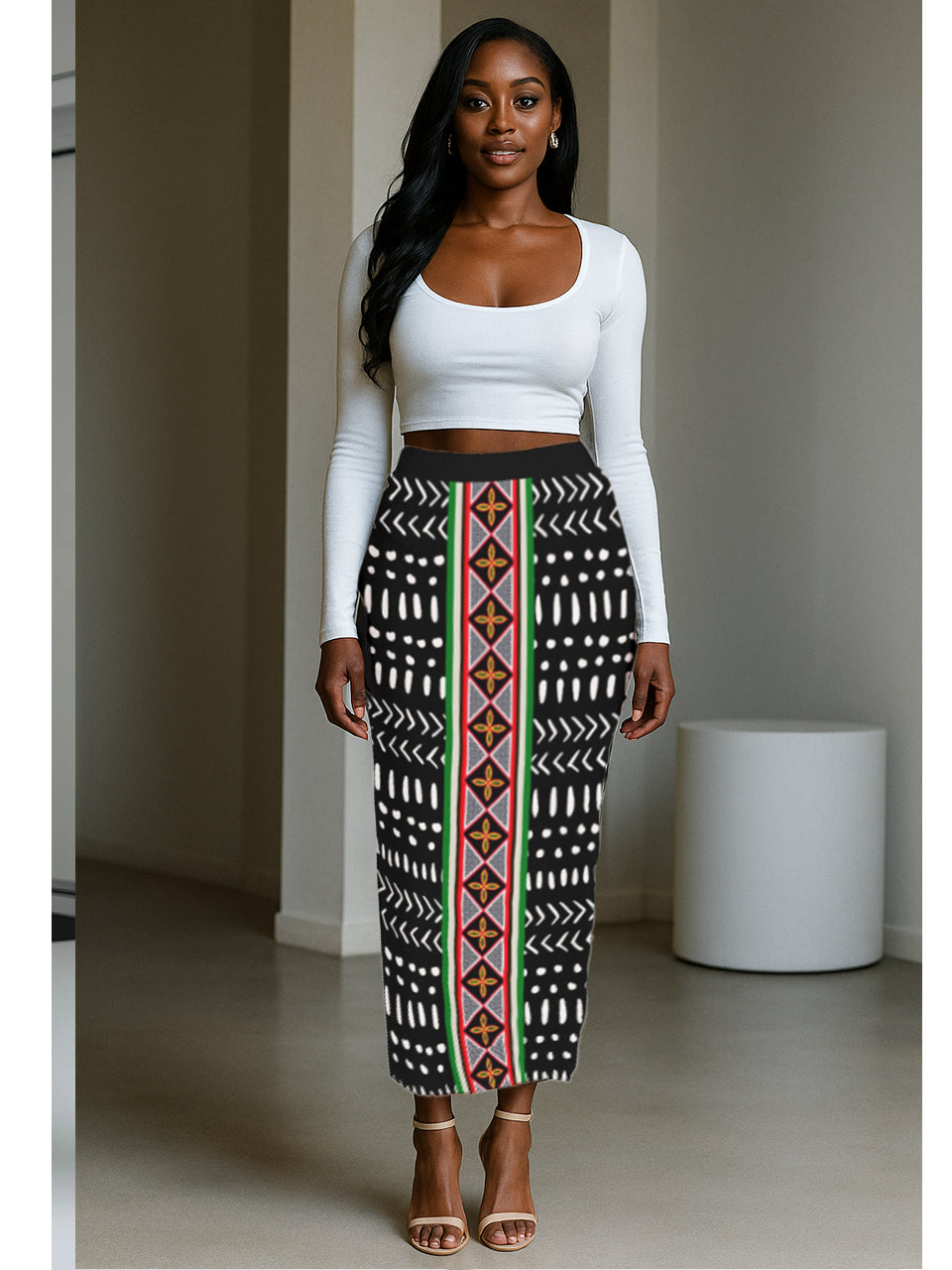 Mudcloth Ribbed Stretchy Maxi Skirt, African Print with Toghu Stripe, Side Slit, Ready to Ship