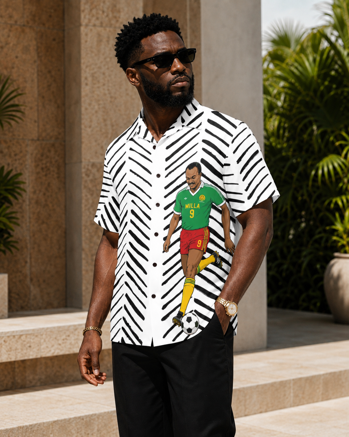 Roger Milla Hawaiian Shirt ,Cameroon Football Legend, Mudcloth Resort Shirt , African Soccer Camp Collar Button Up